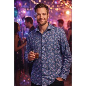 Johnnie-o Top Shelf Men`s Rome Button Up Floral Shirt in Wake size Medium